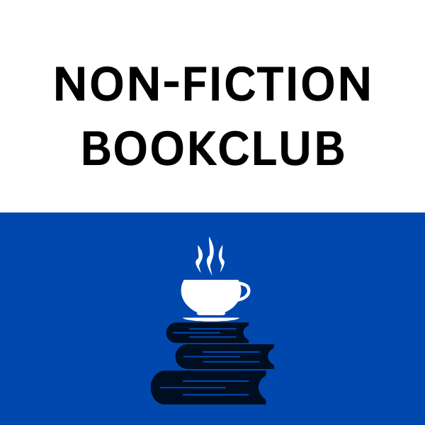 Non-fiction Book Club with a steamy tea cup resting on a stack of books graphic.