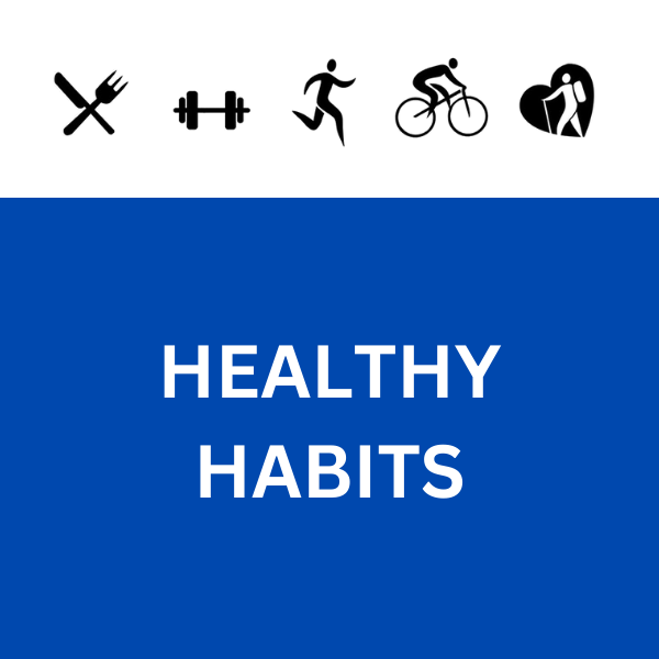 Adult Healthy Habits with food, weight, runner, bicyclist, and hiking graphics.