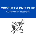Crochet and knit Club with a heart shaped ball of yearn and knitting needles graphic.