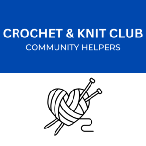 Crochet and knit Club with a heart shaped ball of yearn and knitting needles graphic.